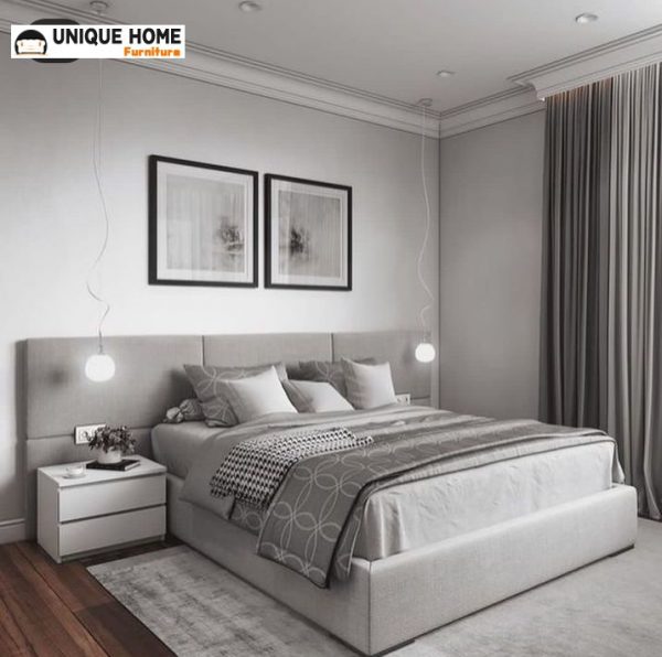 ديزاين اتاق خواب به همراه تخت خواب با تاج تخت دیوار پوش - سایت https://uniquehome.ir
